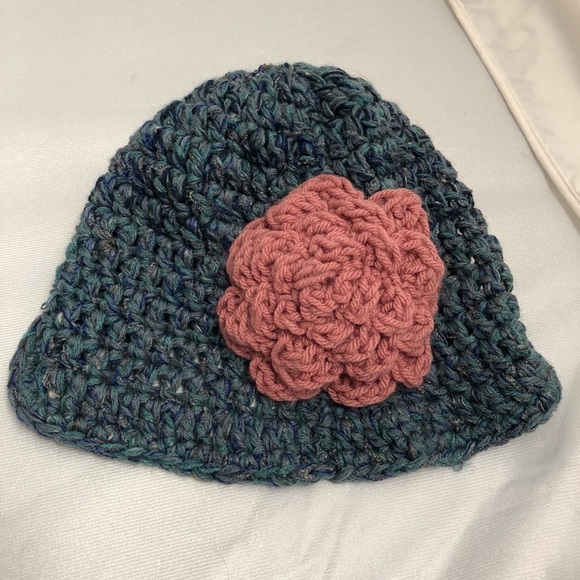 Handknit teal and pink one of a kind crochet hat